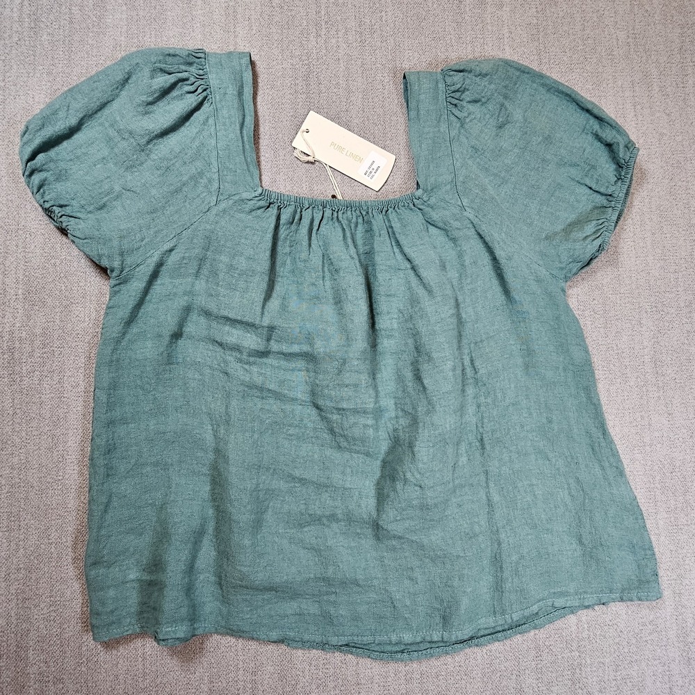 Bellambra Blouse Womens Medium Green 100% Linen Square Neck Short Sleeve Coastal